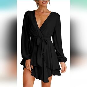 Cosonsen Women's Deep V-Neck Long Sleeve Waist Tie Ruffle Mini Swing Skate Dress